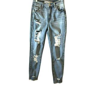 Tinseltown Women's Distressed Raw Hem Tapered High Rise Jeans Size 5